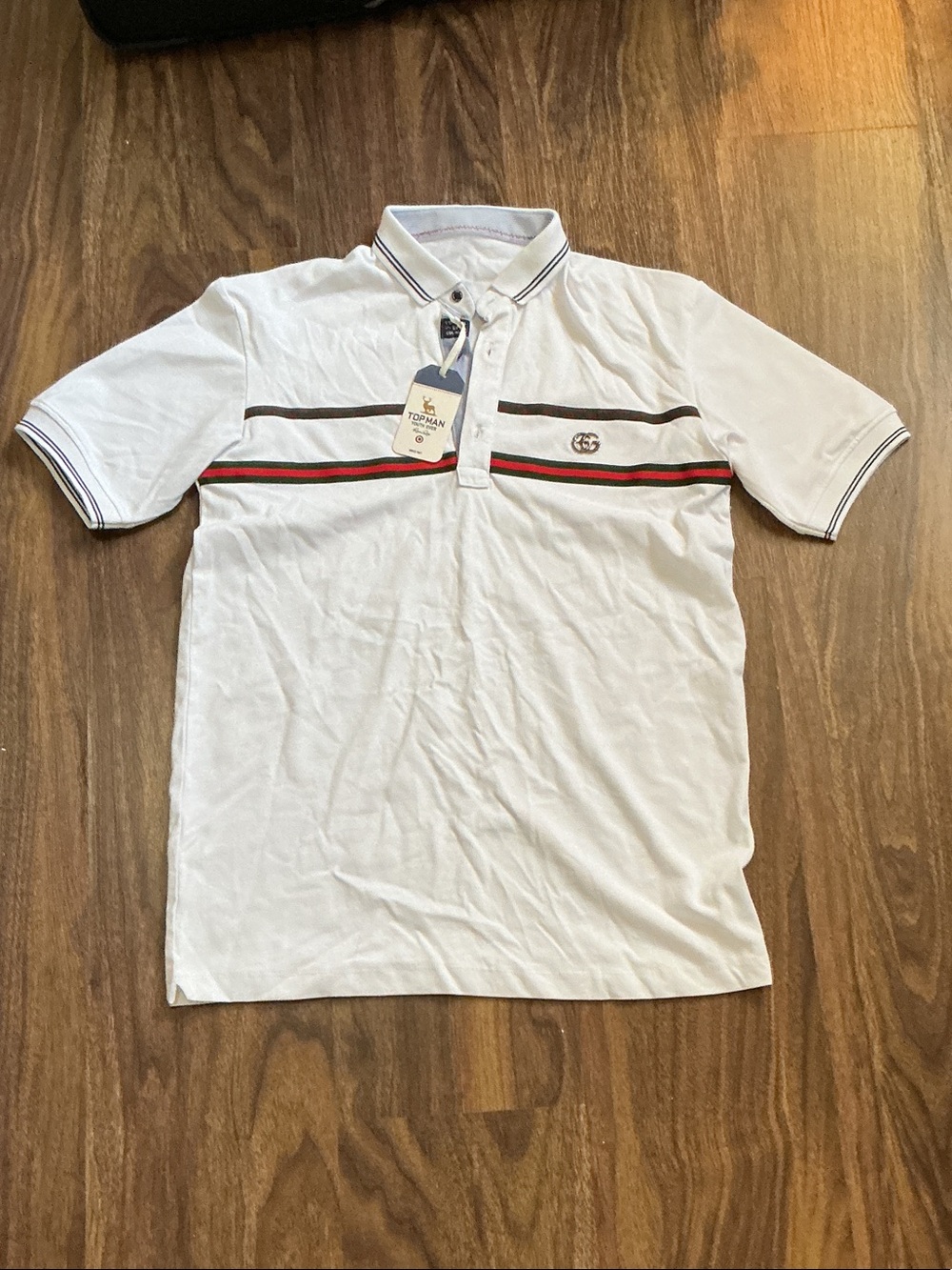 Topman White Polo with Brown, Red and Green Stripe